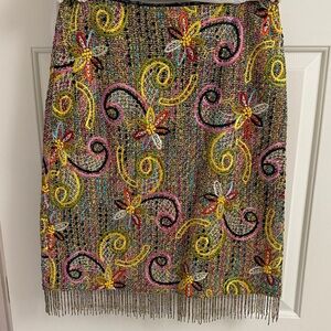 Rena Lange Colorful Embroidered Skirt w/Beaded Fringe at Bottom & Inner Lining
